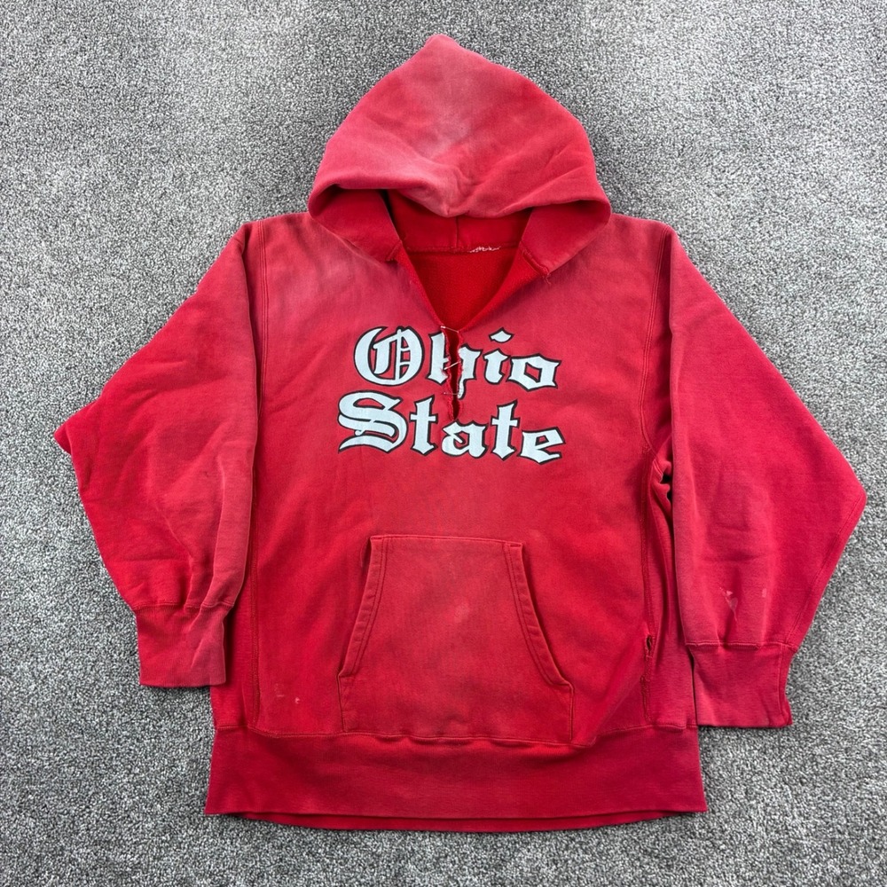 Vintage Ohio State Hoodie Mens XL Red Cotton Distressed Champion Reverse Weave